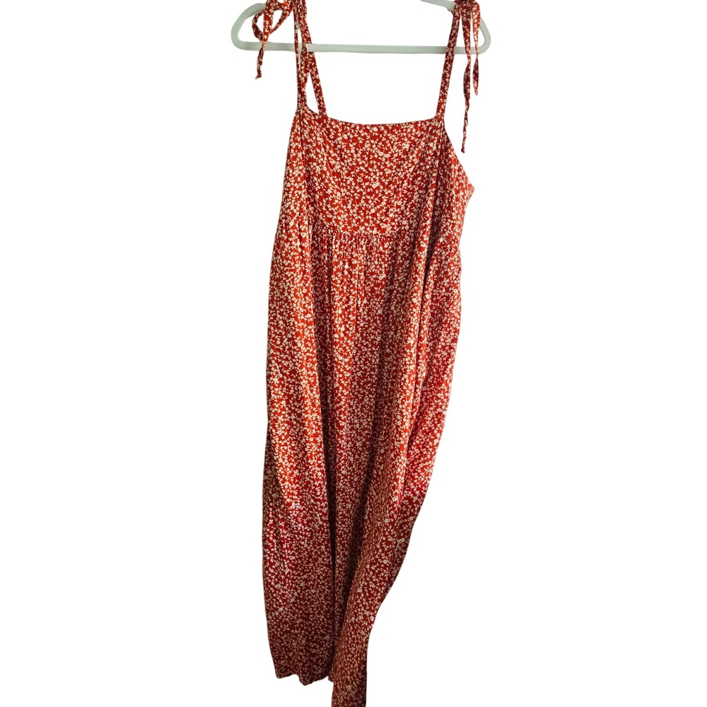 Old Navy Maxi Dress Women XL Red Floral Tie Shoulder Cotton Blend Smocked